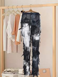 Women Distressed Flared Leggings Pants Casual Tie-Dye Print Tassels Bell Bottoms  Bootcut Trousers For Streetwear - 黑色 - 查看 1