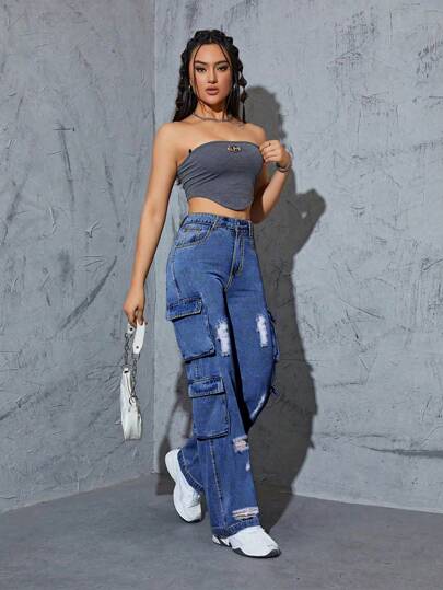 بنطلون جينز نسائي ذو خصر عالي ممزق ساق مستقيمة متعدد الجيوب كارجو