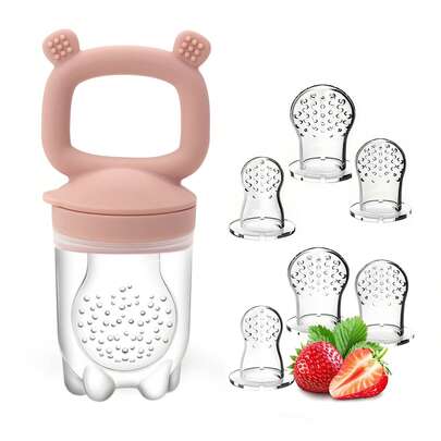 7pcs Silicone Baby Food Feeder, Cute Bear Shaped Infant Fruit Feeder Pacifier, Includes 6 Extra Silicone Food Pouches, Christmas, Halloween, Thanksgiving Gift