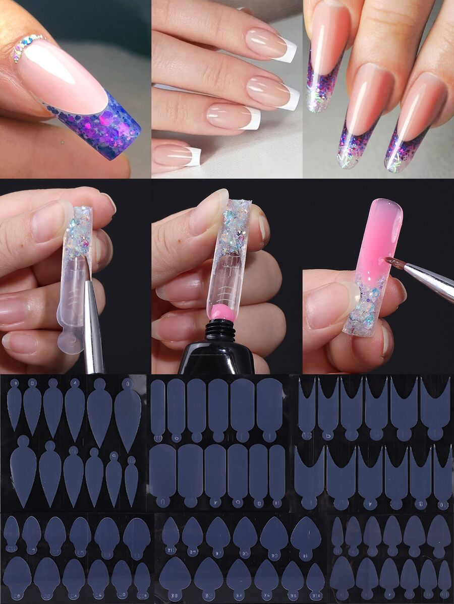 6 件法式延长指甲双形态法式贴纸可重复使用硅胶指甲模具法式线条指甲导板延长凝胶指甲修甲延长工具配件沙龙 DIY 美甲用品