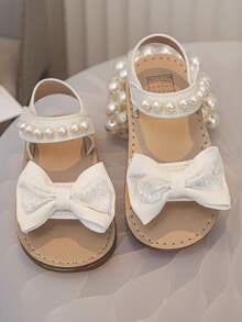 Sandal Datar Outdoor Anak Perempuan yang Modis dan Lucu dengan Hiasan Pita Besar dan Mutiara, Lembut & Nyaman - Krem - View 5