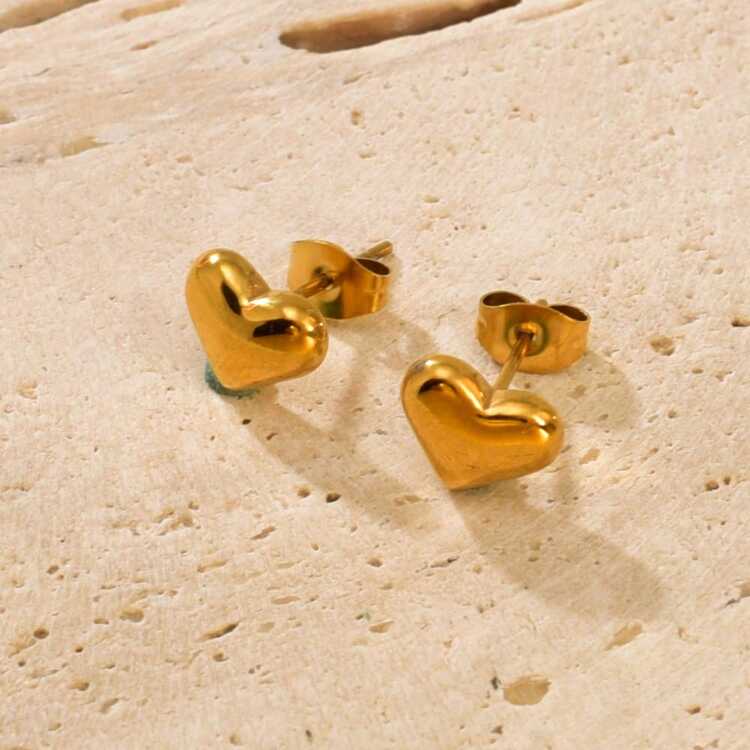 一对不锈钢心形金耳环，送给女士的简约礼物 - 金色 - 查看 6