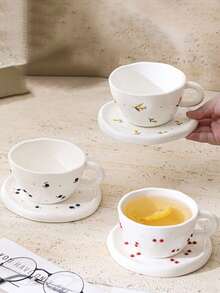 1 Set Of 350ml Hand-Painted Cherry Ceramic Mug And Saucer, Saudi Coffee Cup (1 Cup And 1 Saucer), Exquisite Retro High-Temperature Resistant Ceramic Cup, Unique Fruit Pattern Element, Microwave And Dishwasher , Suitable For Holding Water, Milk, Oatmeal, Tea, Juice, Breakfast, Coffee, Beverages And Other Hot/Cold Drinks - Multicolor - View 4