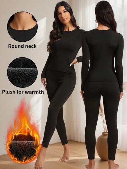1 set sous-vêtements thermiques à col ras-du-cou à manches longues et pantalon 3/4 doublé de polaire, automne/hiver