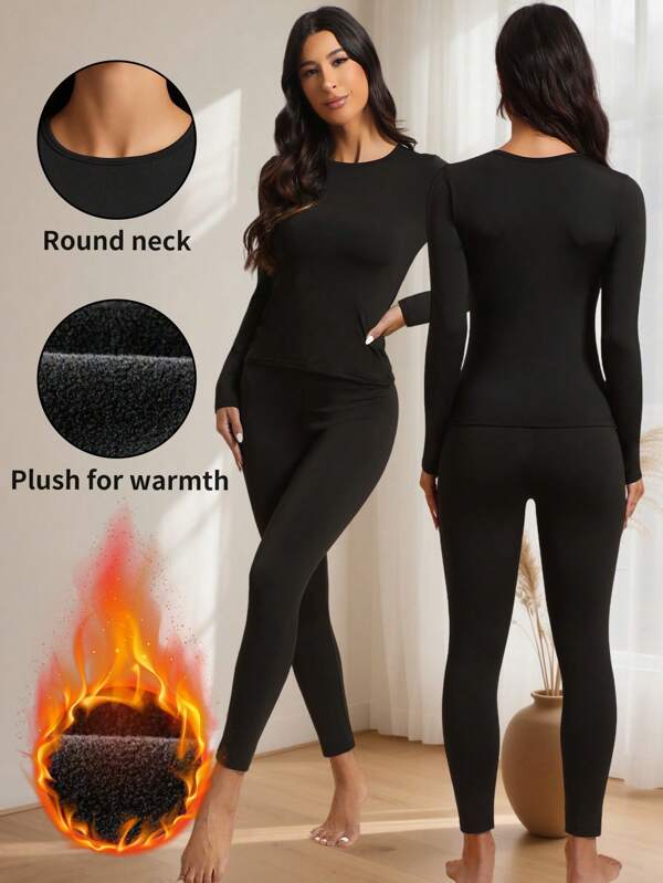 一套保暖内衣套装，包括圆领长袖上衣和七分裤，适合秋冬季穿着。