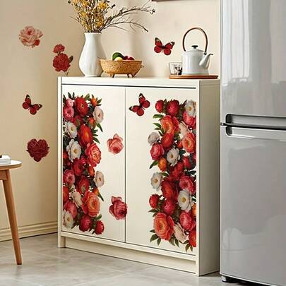 Colorful Floral & Red Butterfly Wall Stickers, Lush Strawberry Plant Wall Decals, Decorative For Hotel, Home, Office, Living Room, Bedroom, Dining Room, Self-Adhesive, Removable PVC Wall Stickers