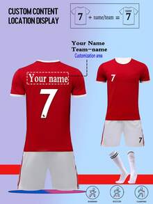 Customized Product: Personalized Name/Number/Team Customization, 22-23 Season Home Jersey #7/CR*7 Jersey, Youth/Kids/Boys Soccer Uniform Set, Sportswear & Casual Wear, Round Neck Top And Shorts, Suitable For Boys Sports, Training And Leisure Wear, Outdoor Perfect Choice - Red and White - View 3
