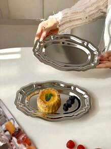 1pc Vintage French Stainless Steel Oval Tray, Retro Floral Oval Plate, Dessert Dish Tableware
