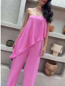 Long Asymmetrical Strapless Pantaloon Jumpsuit Spring Summer - Baby Pink - View 5