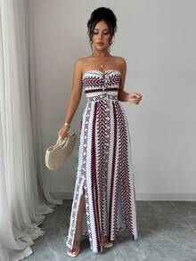 Bộ jumpsuit nữ kiểu dáng thanh lịch, hở lưng, buộc dây, phong cách Bohemian, phù hợp cho đi biển, nghỉ mát, du lịch, mùa hè và mùa tựu trường. - Đỏ và trắng - Xem 7