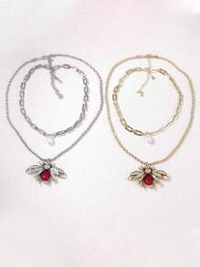 2pcs Faux Pearl Zirconia Insect & Animal Pendant Necklace, Women Fashion Jewelry Accessories