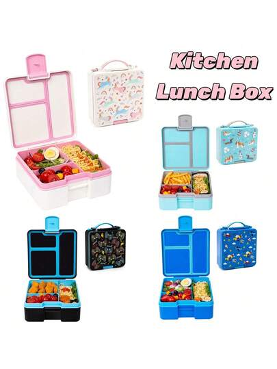 1 件便携式印花翻盖午餐盒，大容量手持便当盒，可重复使用的食物储存容器，易于清洗 - 旅行外卖午餐盒、办公室、返校用品、厨房餐厅食物储存盒