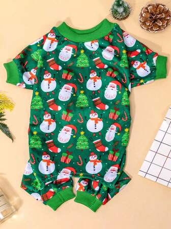 1pc Christmas-Themed Pet Pajamas With Cute Snowman And Santa Patterns. Autumn And Winter Warm Clothing For Dogs And Cats. Holiday Pet Costumes