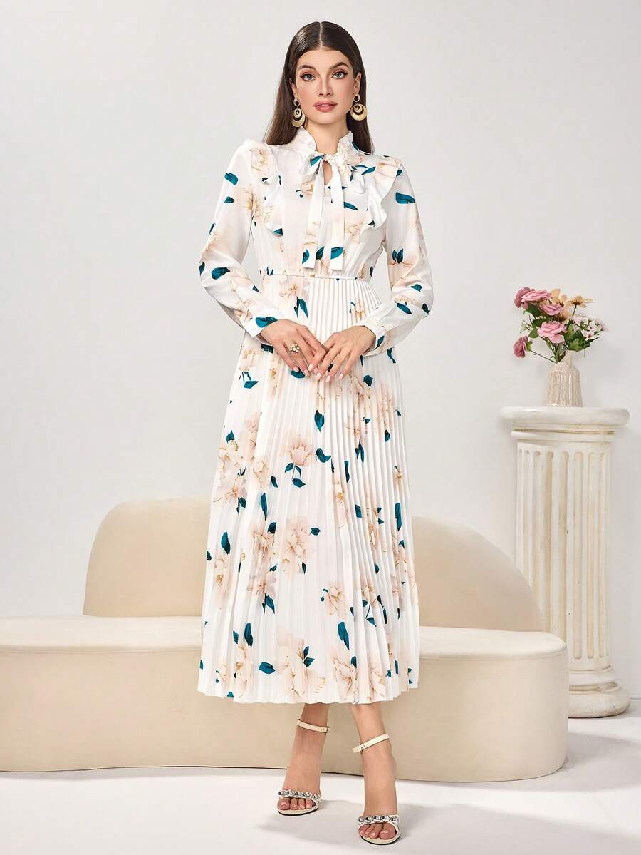 Women's Elegant Long Sleeve V-Neck Fashion Pleated Ruffle Collar Tie Waist Dress, Casual Wear