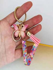1个彩虹闪光字母树脂钥匙扣，可爱蝴蝶流苏吊坠，女士包包挂饰 - 彩色 - 查看 11