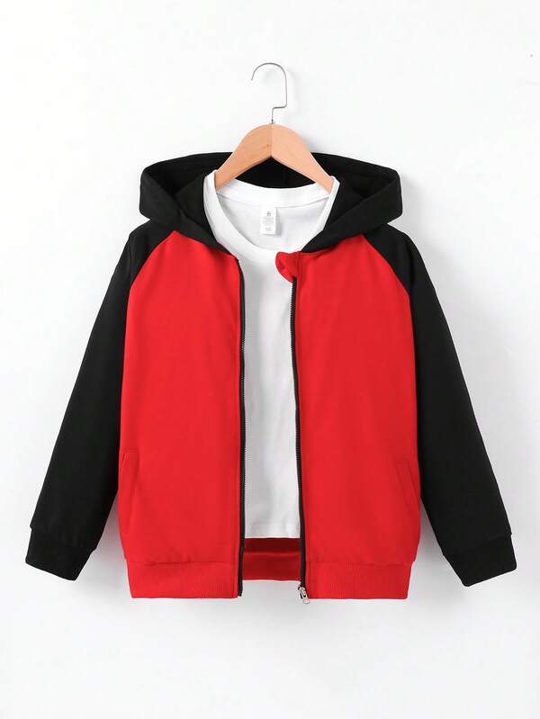 Chaqueta con capucha y cremallera de contraste de color de otoño para niños, ropa de abrigo cálida para niños