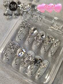 1Package/10Pcs Pure Handmade Wearable Press On Nails Heavy Full Fake Rhinestone Sparkle Elegant Style Nail Art Removable Reusable, With 1Pc Jelly Glue&1Pc File Nail Supplies Nails