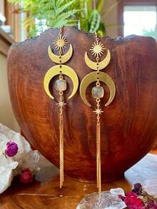 1 par de aretes Hippie con diseño del sol y la media luna en color latón, joyería mágica de estilo bohemio para mujer con piedra clara puntiaguda, regalo de moda para cumpleaños - arete - Ver 13