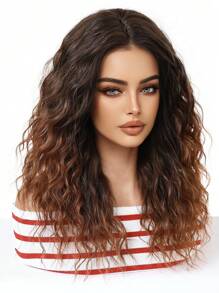 20英寸渐变棕色长卷发假发，高品质、舒适、透气、蓬松的合成纤维假发，非常适合度假、旅行、家庭聚会、角色扮演、音乐节和日常佩戴。 - 漸層棕色 - 查看 4