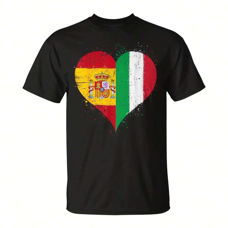 Half Spanish Half Italian A Spain Italy A Vintage Heart T-Shirt - 黑色4 - 查看 1