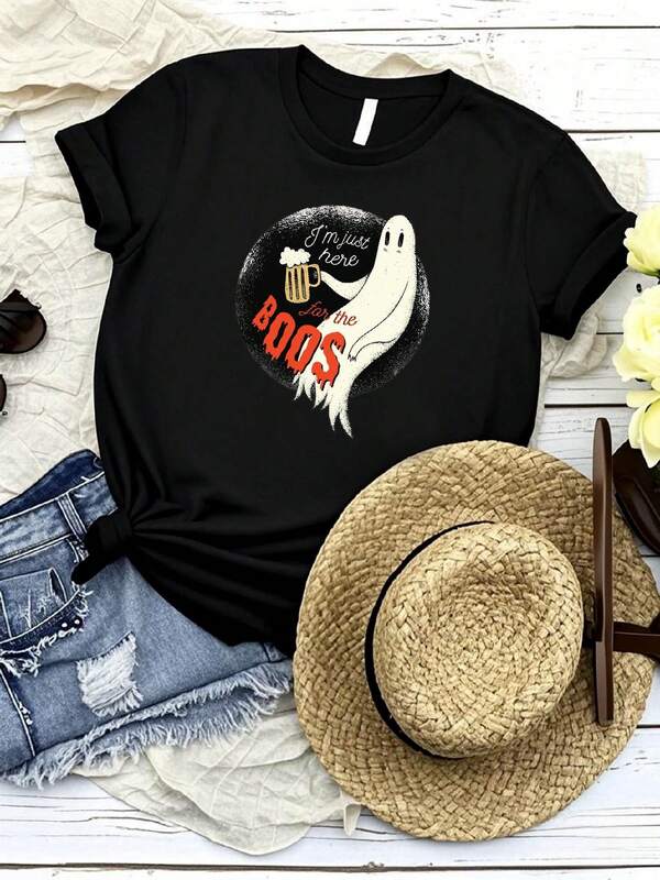 180g Pure Cotton I'm Just Here For The Boo's Shirt, Funny Halloween T-Shirt, Halloween Shirt, Ghost Shirt, Horror, Wine, Drinking, Fall Shirt, Mom Costume Soft Versatile Graphic Fashion Comfortable Top For Everyday Wear Casual Breathable Stylish Female Women