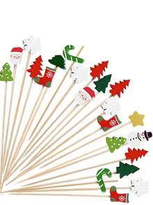 10/100pcs Christmas Wooden Toothpicks - Christmas Bamboo Skewers Set, Holiday Bamboo Picks With Santa Claus, Snowman, Christmas Tree Toppers Decorations, Suitable For Appetizers, Fruits, Cakes, Fruit Cakes, Birthday Parties, Christmas Parties Decorations, New Year Gifts - Multicolor - View 8
