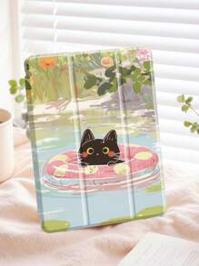 Husă pentru iPad cu tema "Pisicuță înotătoare" compatibilă cu iPad Air 4/5 10,9 inch, iPad 7/8/9 10,2 inch, slot încorporat pentru creion, compatibilă cu Samsung Tab S6 10,4 inch, Tab A7 Lite 8,7 inch, husă din piele în stil interior, cadou de Ziua Îndrăgostiților, cadou de Anul Nou