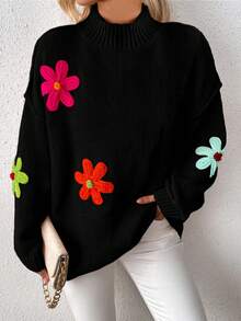 「 Jumpers For Women」Ladies' Loose And Casual Long-Sleeved Round-Neck Drop-Shoulder Sweater With Floral Patterns For Autumn And Winter [Back-To-School Season]