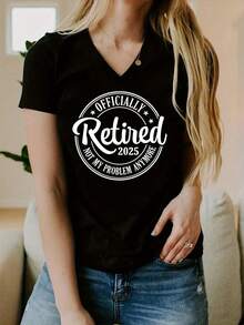 Yunove Women's "Officially Retired 2025" Funny Retirement T-Shirt - V-Neck Short Sleeve Casual Top, Soft Breathable Fabric, Machine Washable, Ideal Gift For Retirees - màu đen - Xem 1