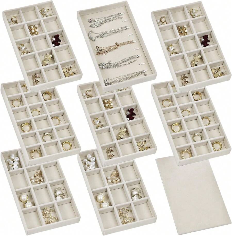 Set Of 8 Stackable  Organizer Trays With 1 Lid For Drawer & Dresser Organizer, Adjustable Velvet  Box Tray Earring Organizer Necklace Storage Ring Bracelet Display Case (Beige)