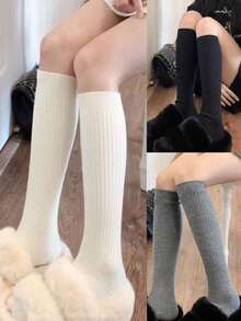 1/2/3pairs Women's Thigh High Socks, Sweet And Spicy Knee Length Stockings For Spring/Summer/Fall, Ins Solid Color Long Boots Socks For Cold Weather, Over The Knee Socks.Halloween,Christmas, Valentine's Day - Beige - View 18