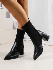 Botas tipo calcetín puntiagudas de tacón grueso de color liso para mujer, juveniles, modernas y elásticas, adecuadas para otoño e invierno. - Negro - Ver 4
