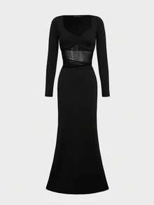 Glamful Sexy Party Date Y2K Sheer Mesh Patchwork Long Sleeve Dress, Black Sheer Mesh Long Sleeve Dress, Elegant Design - Black - View 7