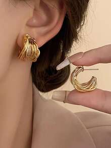 1 Pasang Anting Zirkonia Perak Berlapis Tembaga, Cocok untuk Pemakaian Sehari-hari Kasual - Yellow Gold - View 5