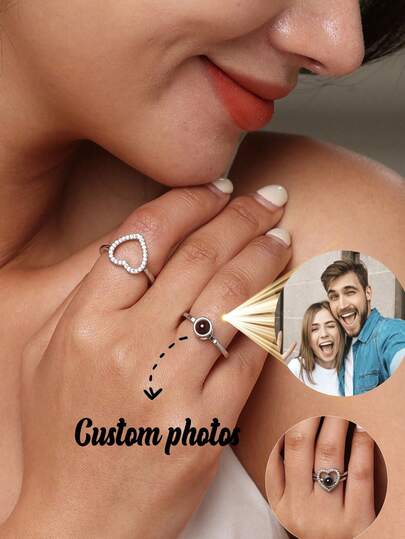 2 anéis de coração com projeção personalizados, anéis empilháveis personalizados com fotos incorporadas, anéis de casal adequados para aniversário, aniversário, pedido de casamento, casamento, presente de Dia dos Namorados para namorada, design único e minimalista, acessório versátil para namorada, melhor amiga, mãe, casais, esposa, joias modernas e românticas, presente para ela, Dia das Mães, Dia dos Namorados, Ano Novo, Natal