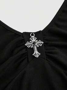 Hourglow 大码女式夏季朋克十字装饰多层吊带迷你连衣裙 - 黑色 - 查看 5