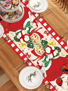 1pc Christmas Theme Tablecloth, 35x180cm, Vintage Style Pattern Design With Santa Claus & Snowman Motif, Suitable For Christmas Dining Room & Living Room Decor, Family Gathering, Winter Textile.