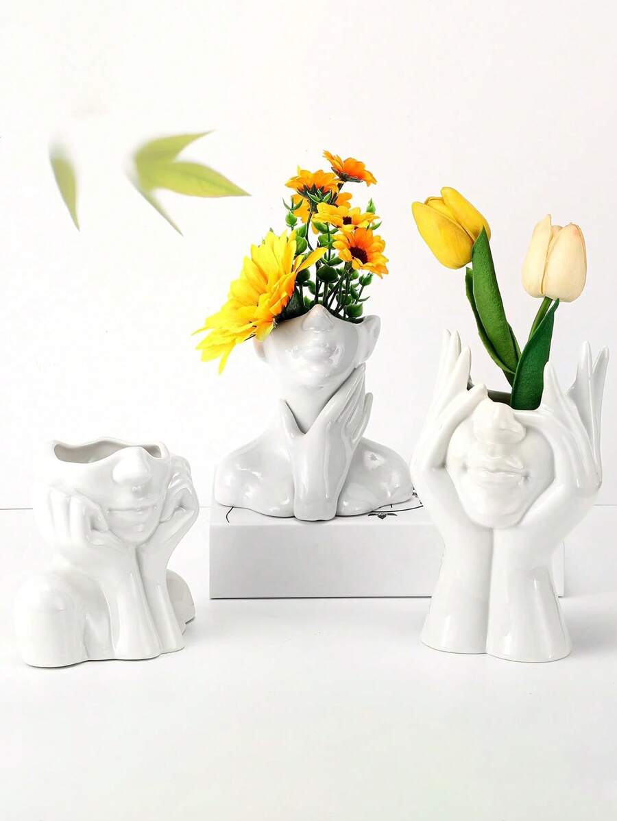 1pc "Artistic Face Vase" White Sculpture Style Decor | Ins Desk Organizer (Makeup Brush Holder/Pen Holder) | Cosmetic Storage Box | Succulent Planter | Home Decor/Gift | Waterproof & Easy To Clean