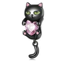 WOSTU WOSTU 1 buc 925 Sterling Silver Cat Beads Cat Black Cat Drăguț Kitty Animals Pendant Pink Heart Shape CZ Charms Pentru Brățară DIY Colier Fine Jewelry Accessories