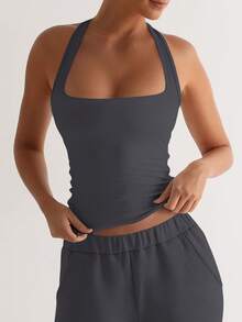 XLLAIS 性感露背吊带背心 时尚方领弹力休闲修身夏季女式吊带衫 - 深灰色 - 查看 3