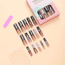 Extra Long Press On Nails Black French Tip Fake Nails Square False Nails With Bow Rhinestones Designs Extra Long Square Nail Press Ons Sparkly Glue On Nails Cute Stick On Nails For Women - Long Style-c5C28 - View 2