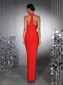 全新时尚 3D 花卉性感立领无袖镂空露背高开衩绷带连衣裙，优雅女士正式晚礼服，适合婚礼、派对、节日 - 紅色 - 查看 11