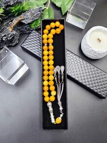 1 Set Of 33pcs 10mm Muslim Grey & White Beaded Bracelet (Prayer Beads), Black Gift Box Packaging, Middle Eastern Style, Customizable Religious Daily Prayer Bracelet, Suitable For Daily Prayer, Festival Gifts, Daily Wear, Self-Defense, Natural Black Zebra Stone Prayer Beads, Islamic Accessory, Muslim Prayer Beads - Grey - View 9