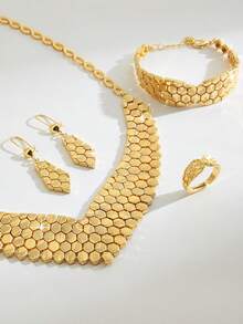 Bộ trang sức cổ điển sang trọng thời trang cao cấp Mgyi bằng đồng màu vàng dành cho nữ, vòng cổ, hoa tai, vòng tay, nhẫn thiết kế vuông sang trọng thanh lịch mạ vàng 18K dành cho nữ, phù hợp với Nigeria, Dubai, Trung Đông, Ả Rập Saudi, trang phục cưới, trang phục hàng ngày, quà kỷ niệm ngày cưới, quà Halloween cho bạn bè - Vàng - Xem 3