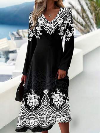 优雅女士法式长袖花卉印花连衣裙，适合休闲、工作、旅行、派对，适合秋冬季