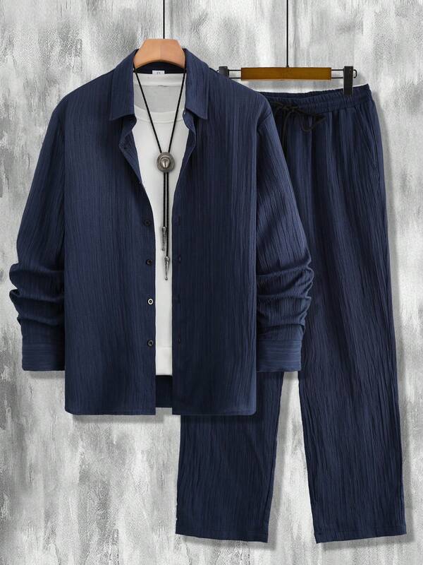Men's Autumn Wave Textured Elastic Comfortable Solid Color Button-Up Shirt & Pants Two-Piece Set, Cozy Outfits