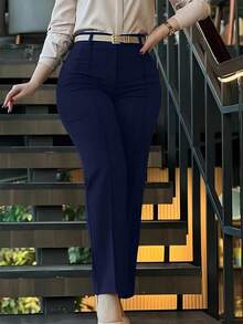 Jessfine Solid Color Pocket Zip Elastic Skinny Straight Leg Pants, Elegant For Commuting, Office, Daily Wear, Spring/Summer - Navy Blue - View 2