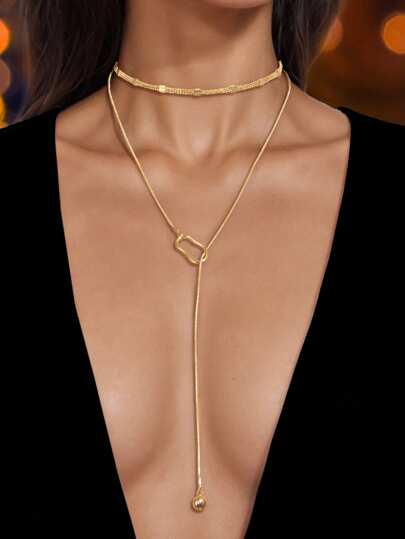 2 Pcs Gold Choker And Y Style Lariat Long Pendant Necklaces Set Party Daily Social Gatherings Jewelry Accessories