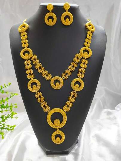 1 条项链和 1 对耳环时尚女士镀金双层长首饰套装，2 件，适合沙特阿拉伯、欧洲、美国、中东、迪拜、非洲新娘、婚礼、派对、母亲节、毕业典礼、万圣节、节日礼物