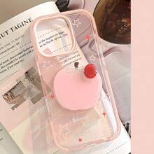 حافظة هاتف بشكل تفاحة ثلاثية الأبعاد دوارة باللون الوردي متوافقة مع هاتف آيفون 16 برو ماكس، حافظة سيليكون ناعمة وشفافة بتصميم بسيط وجميل متوافقة مع هواتف آيفون 14 و 13 و 11